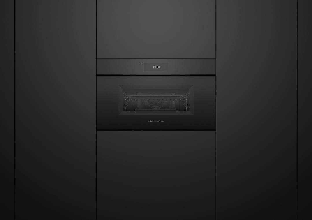 Fisher & Paykel 76cm Series 9, Minimal Handleless Compact Combi-Microwave Oven, Black Glass OM76NMUNB3