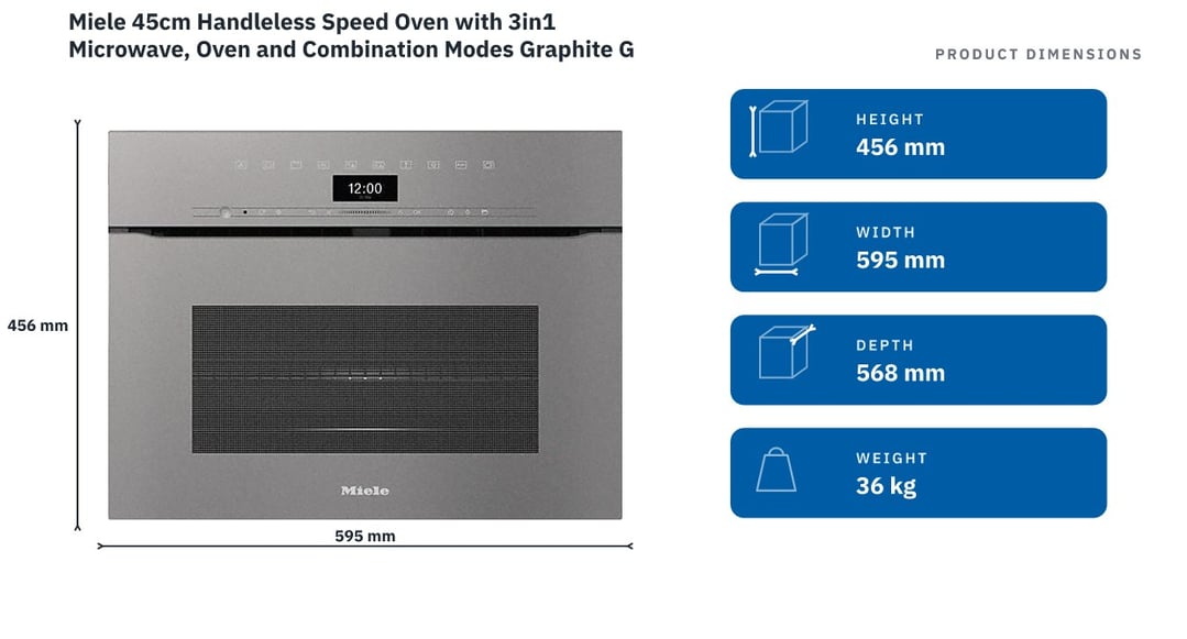 Miele 45cm Handleless Speed Oven with 3in1 Microwave, Oven and Combination Modes Graphite Grey H7440BMXGRGR — product dimensions
