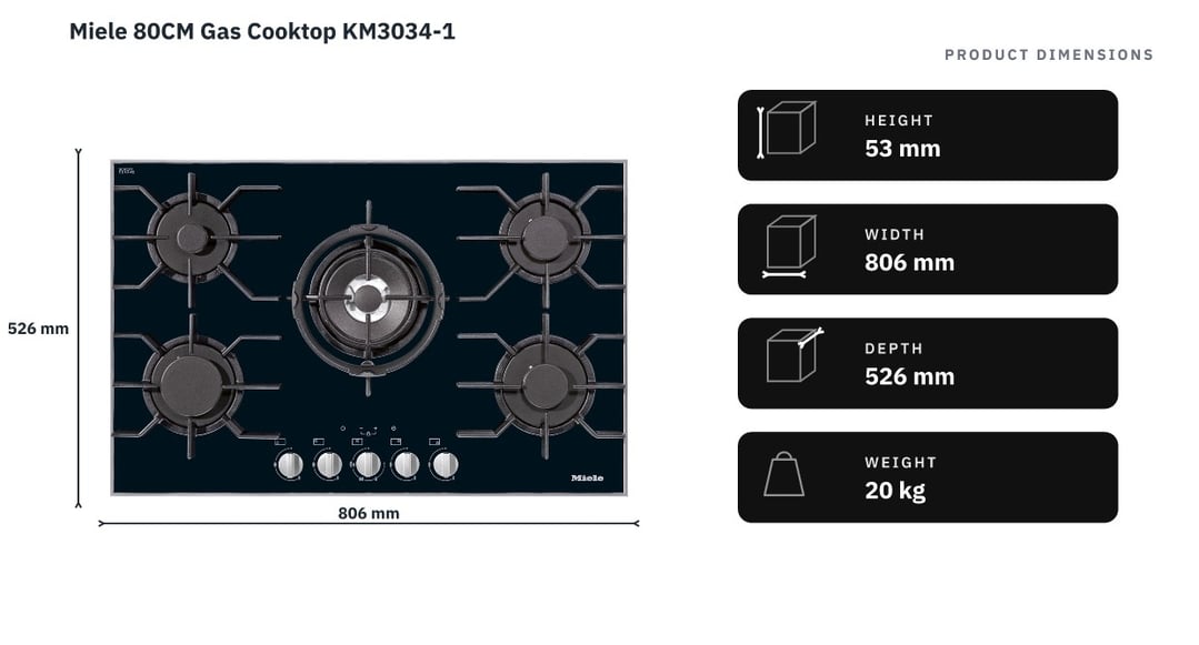 Miele 80CM Gas Cooktop KM3034-1 — product dimensions