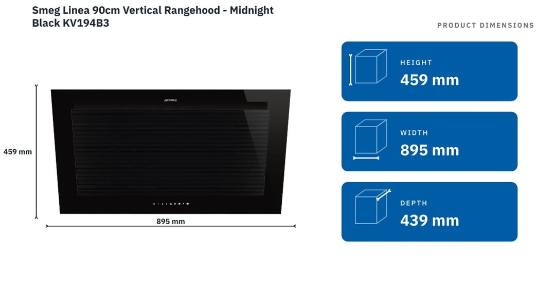 Smeg Linea 90cm Vertical Rangehood - Midnight Black KV194B3 — product dimensions