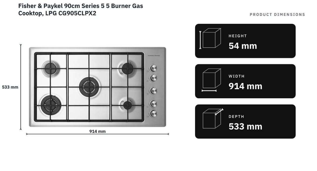 Fisher & Paykel 90cm Series 5 5 Burner Gas Cooktop, LPG CG905CLPX2 — product dimensions