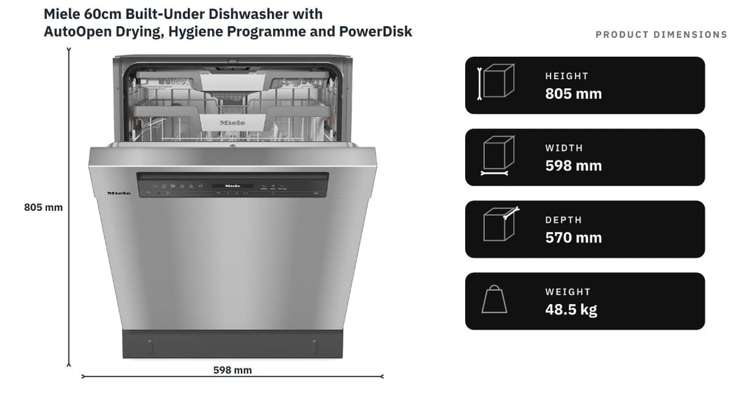 Miele 60cm Built-Under Dishwasher with AutoOpen Drying, Hygiene Programme and PowerDisk CleanSteel G7604SCUCLST — product dimensions