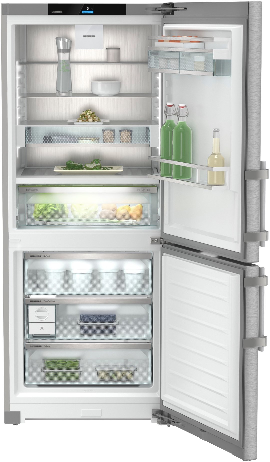 Open Liebherr fridge with food and drinks on shelves and in drawers