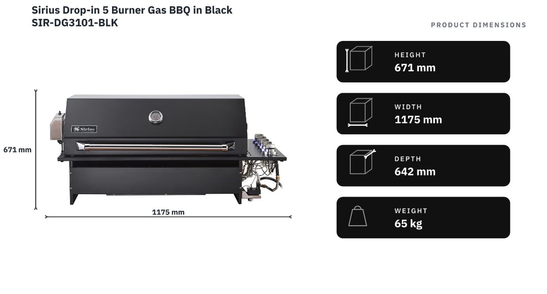 Sirius Drop-in 5 Burner Gas BBQ in Black SIR-DG3101-BLK — product dimensions