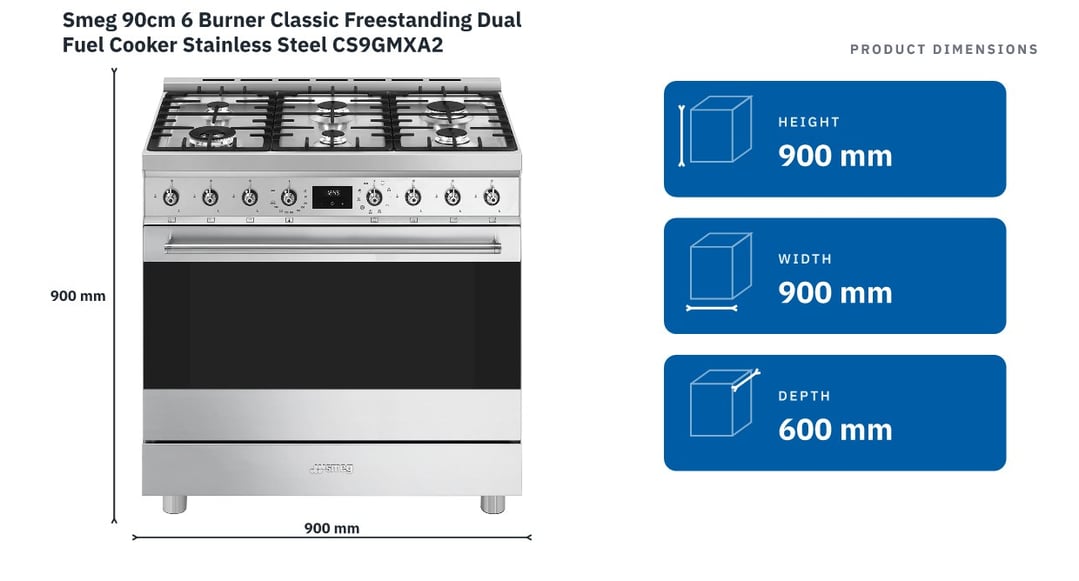 Smeg 90cm 6 Burner Classic Freestanding Dual Fuel Cooker Stainless Steel CS9GMXA2