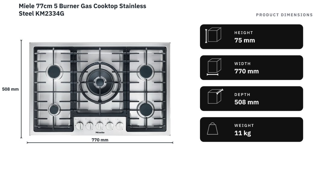 Miele 77cm 5 Burner Gas Cooktop Stainless Steel KM2334G — product dimensions