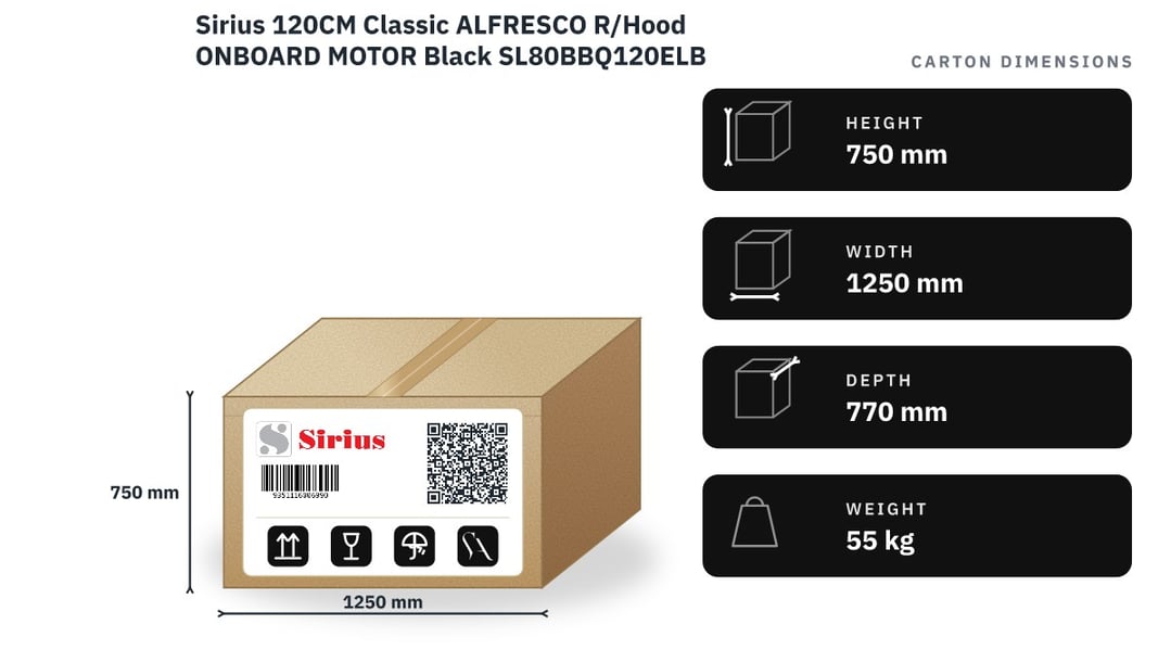 Sirius 120CM Classic ALFRESCO R/Hood ONBOARD MOTOR Black SL80BBQ120ELB — packaged dimensions