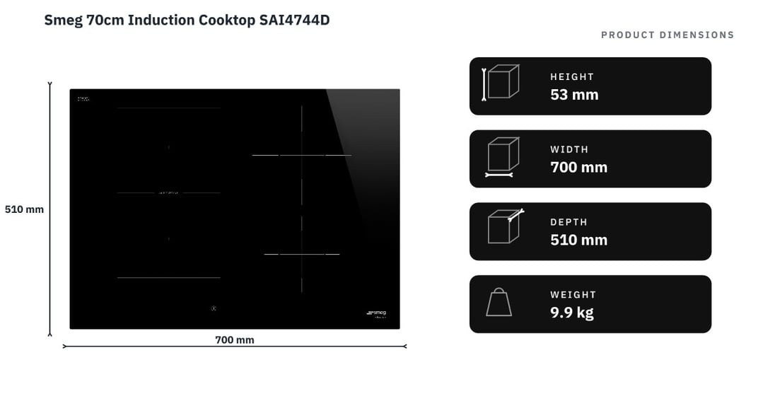 Smeg 70cm Induction Cooktop SAI4744D — product dimensions