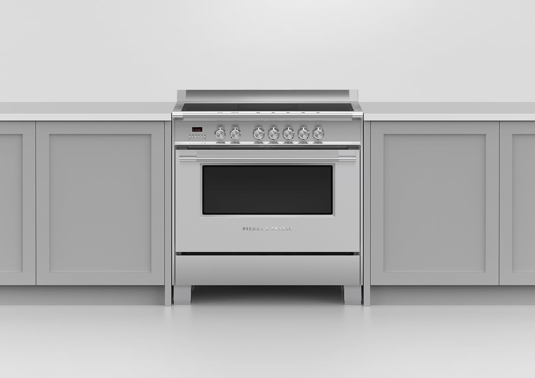 Stainless steel Fisher & Paykel induction cooker in a kitchen setting with grey cabinets