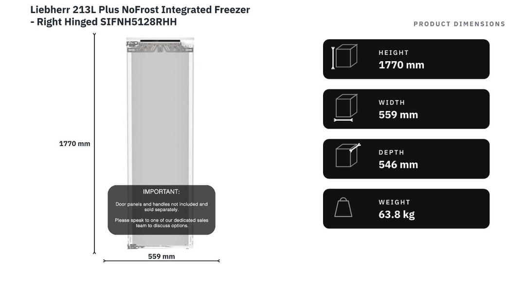 Liebherr 213L Plus NoFrost Integrated Freezer - Right Hinged SIFNH5128RHH — product dimensions