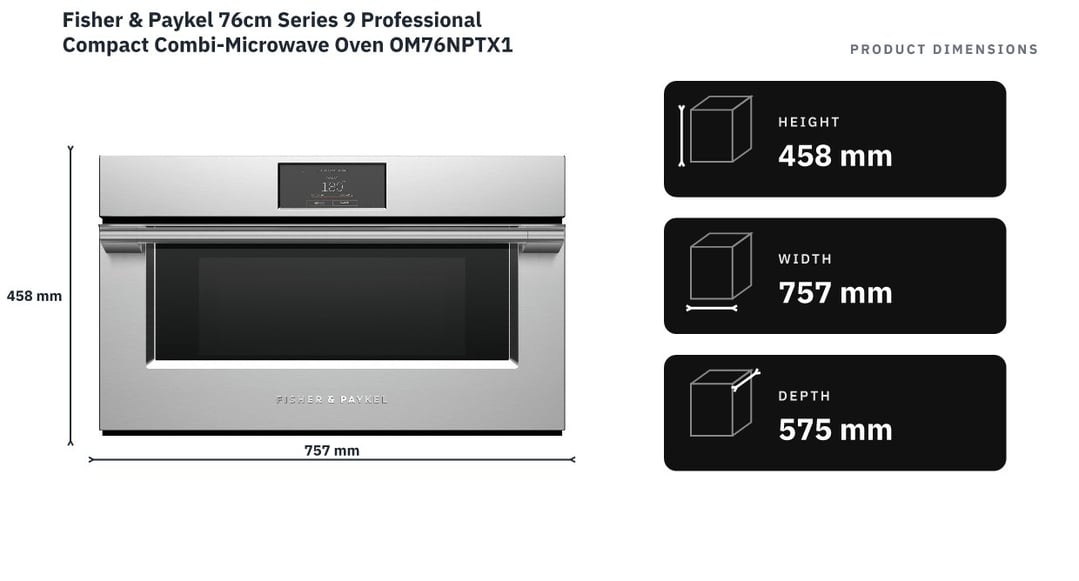 Fisher & Paykel 76cm Series 9 Professional Compact Combi-Microwave Oven OM76NPTX1 — product dimensions
