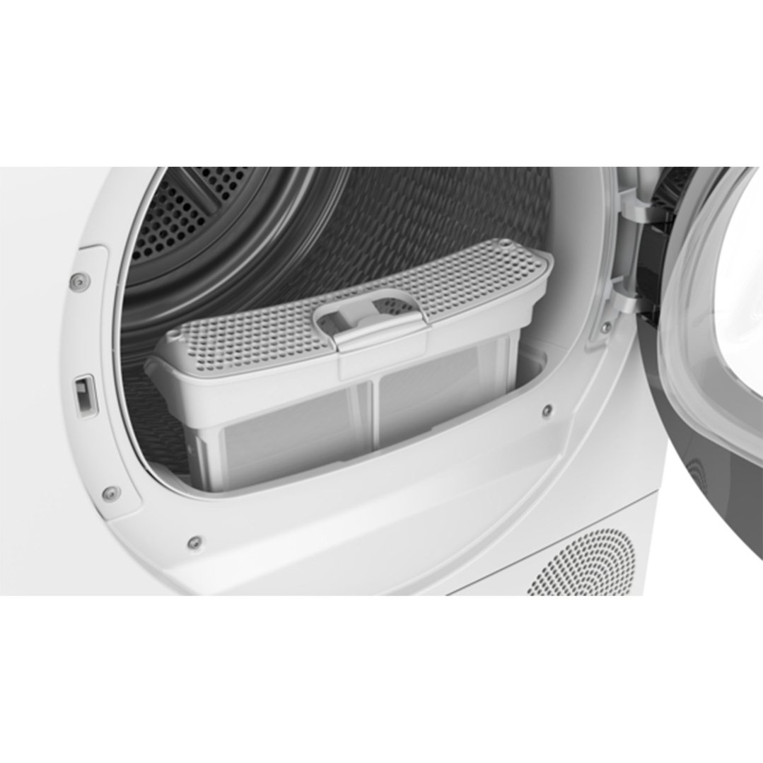 Close up of a white Bosch heat pump dryer with the door open