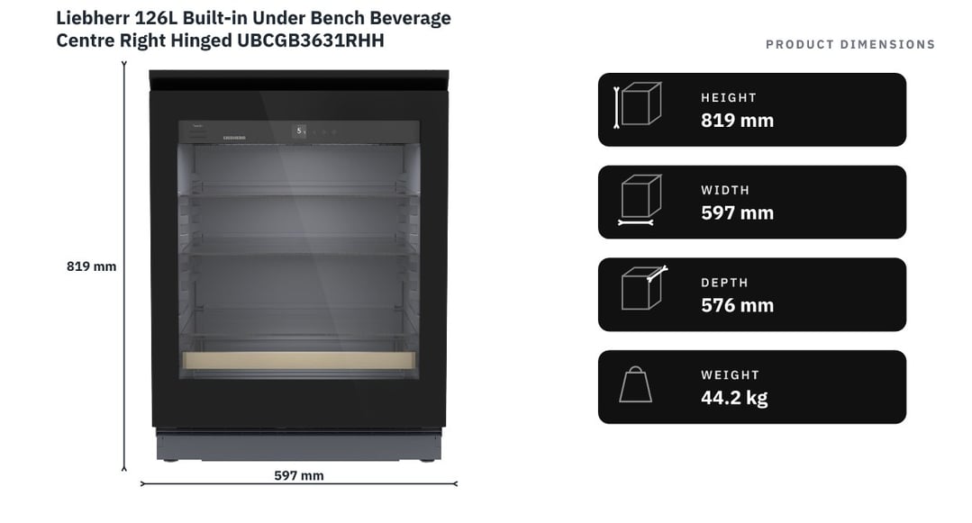 Liebherr 126L Built-in Under Bench Beverage Centre Right Hinged UBCGB3631RHH — product dimensions
