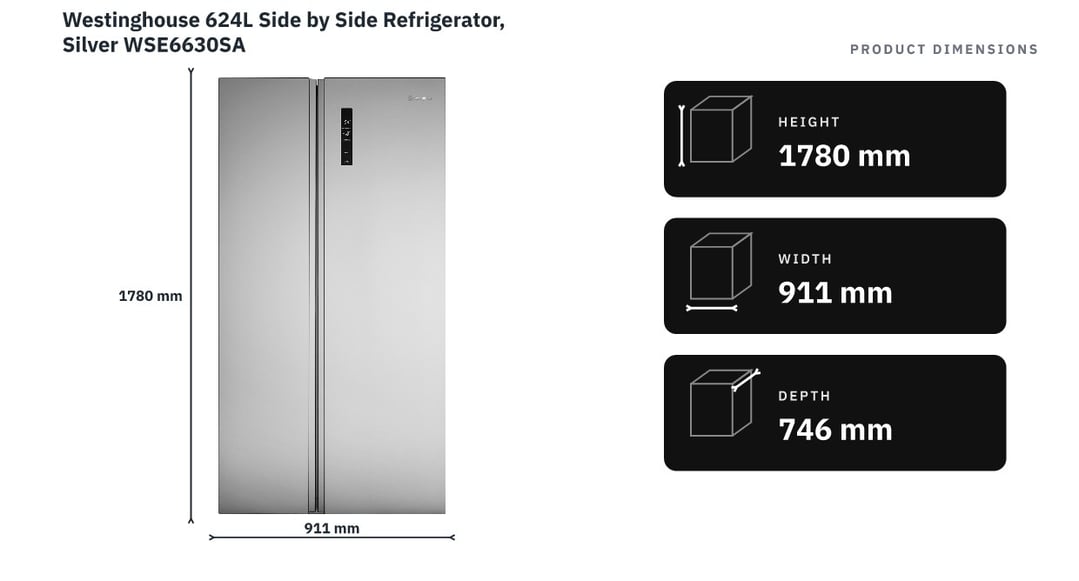Westinghouse 624L Side by Side Refrigerator, Silver WSE6630SA — product dimensions
