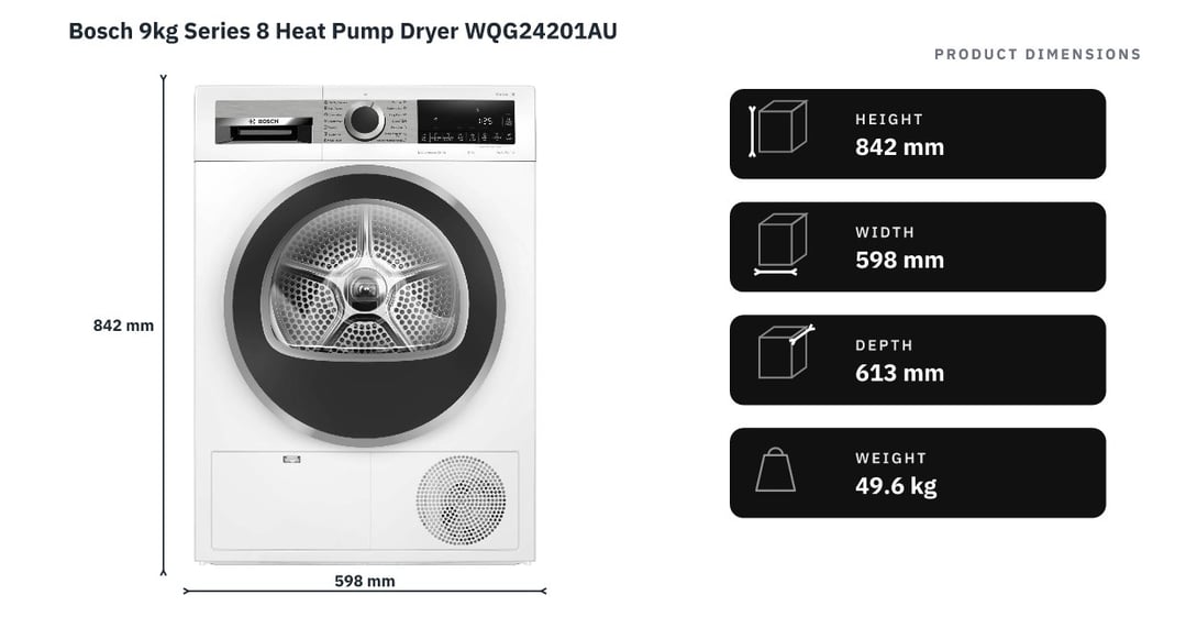 Bosch 9kg Series 8 Heat Pump Dryer WQG24201AU — product dimensions