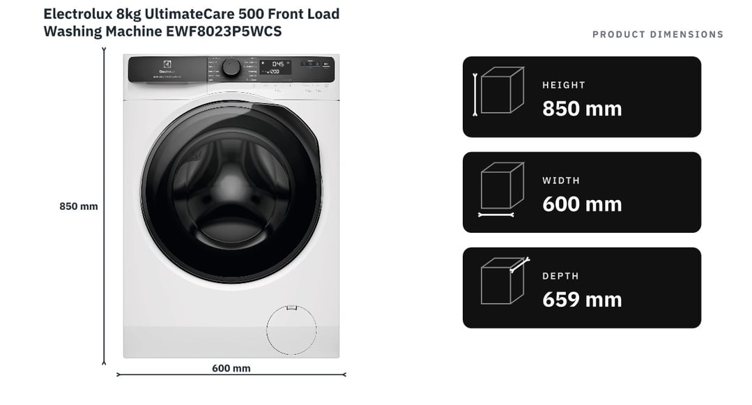 Electrolux 8kg UltimateCare 500 Front Load Washing Machine EWF8023P5WCS — product dimensions