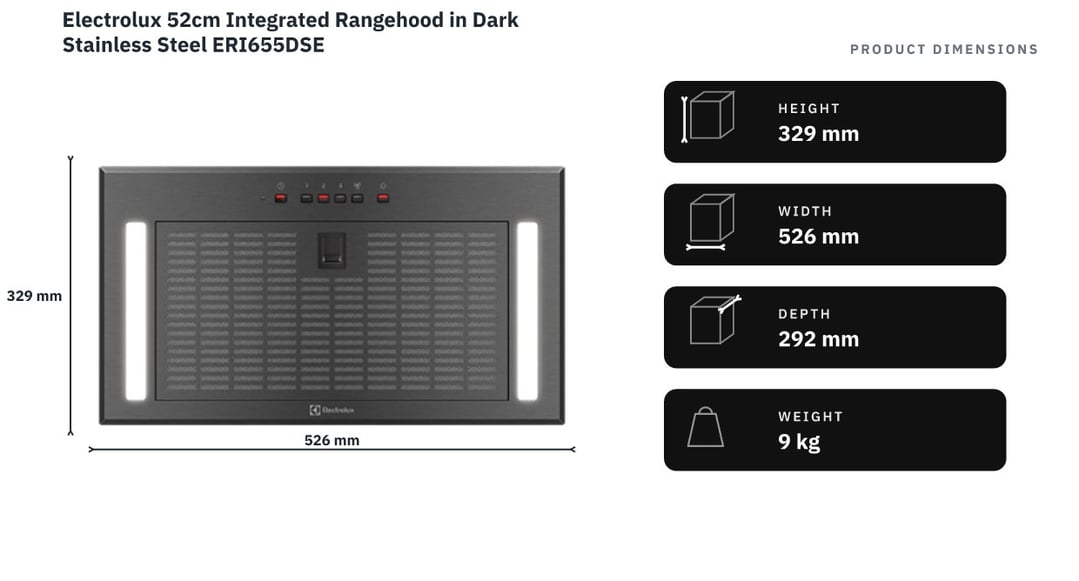 Electrolux 52cm Integrated Rangehood in Dark Stainless Steel ERI655DSE — product dimensions