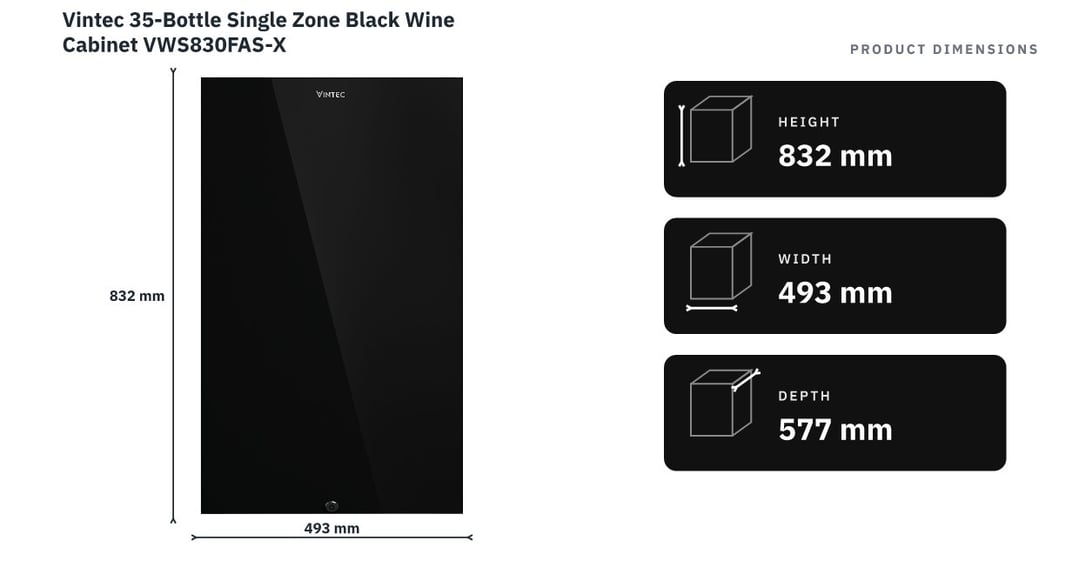 Vintec 35-Bottle Single Zone Black Wine Cabinet VWS830FAS-X — product dimensions