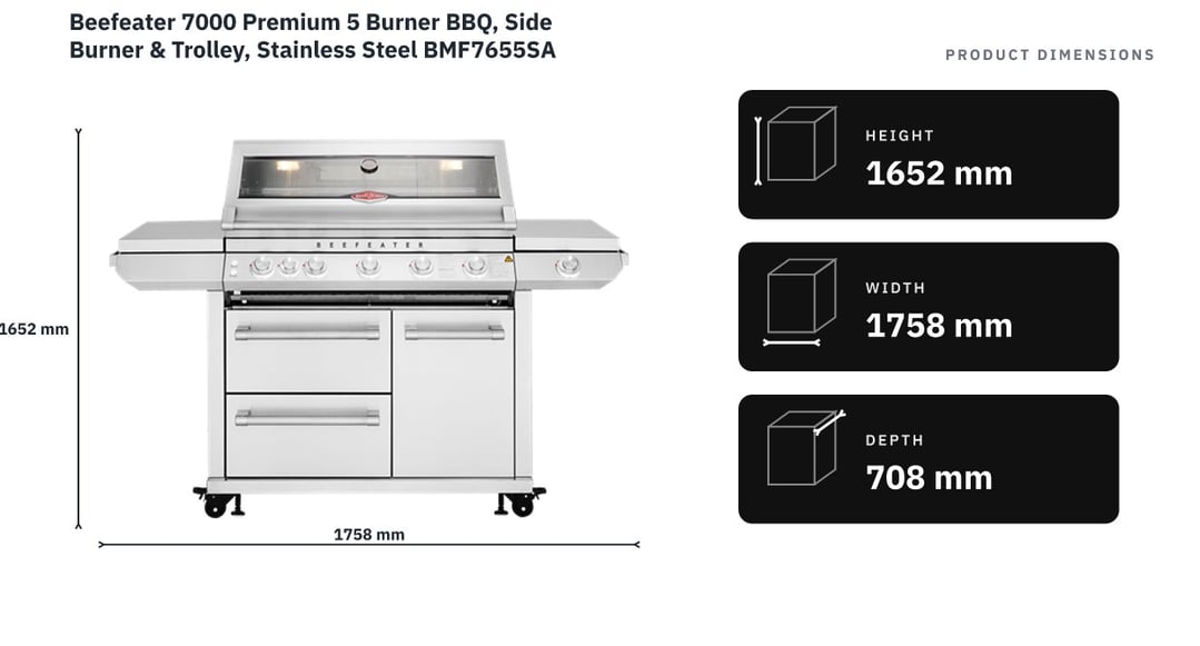 Beefeater 7000 Premium 5 Burner BBQ, Side Burner & Trolley, Stainless Steel BMF7655SA — product dimensions