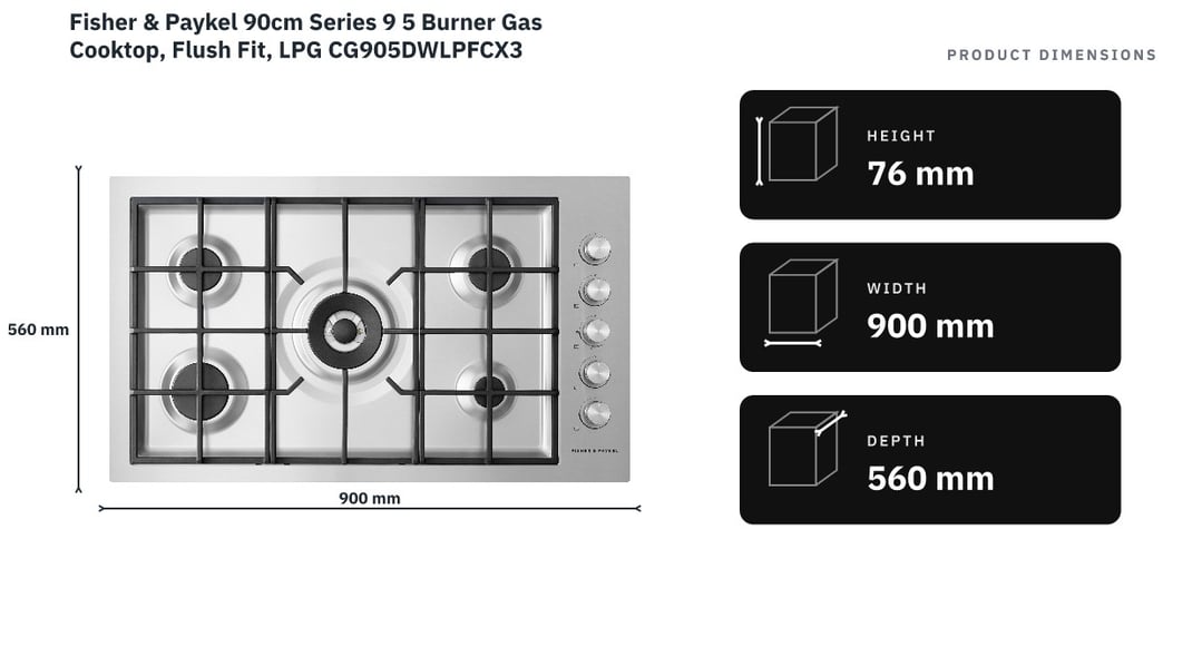 Fisher & Paykel 90cm Series 9 5 Burner Gas Cooktop, Flush Fit, LPG CG905DWLPFCX3