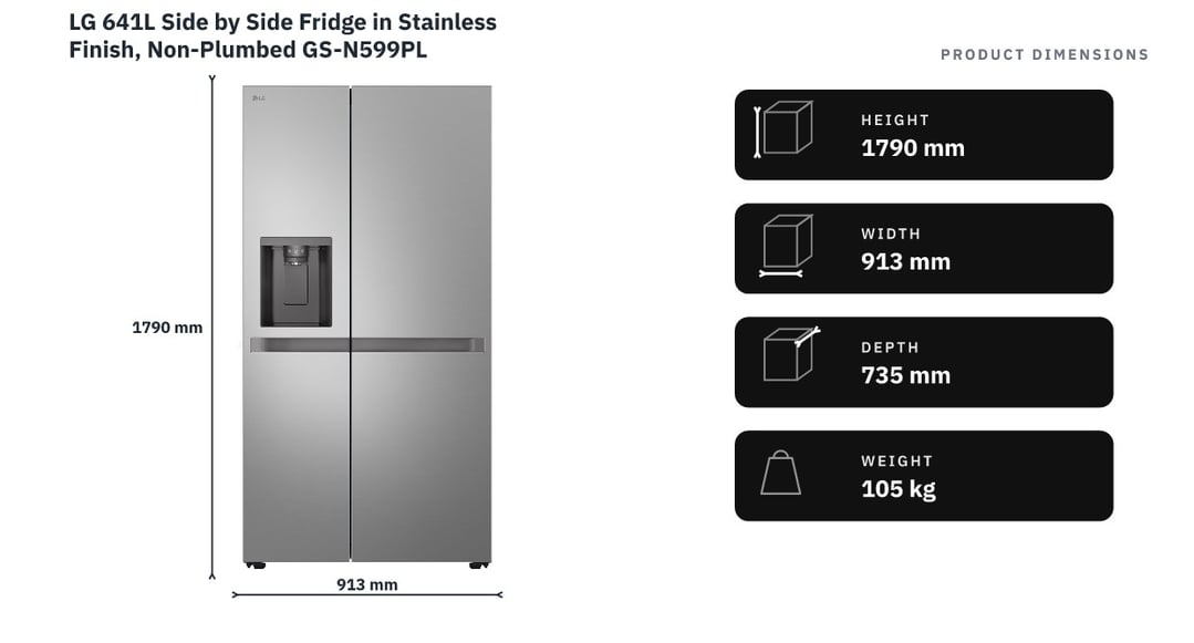 LG 641L Side by Side Fridge in Stainless Finish, Non-Plumbed GS-N599PL — product dimensions