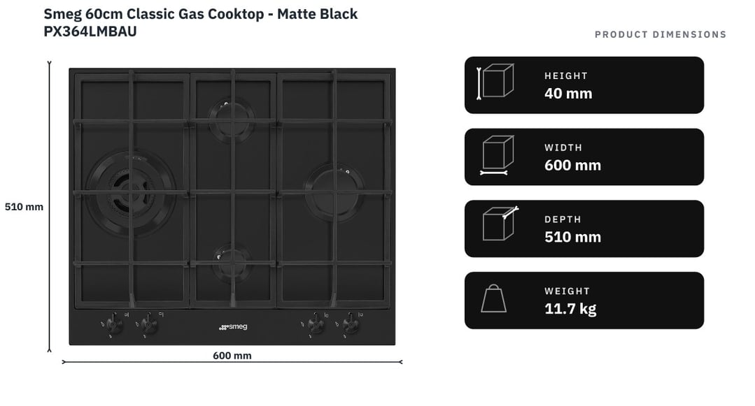 Smeg 60cm Classic Gas Cooktop - Matte Black PX364LMBAU — product dimensions
