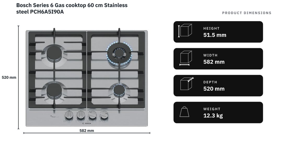 Bosch Series 6 Gas cooktop 60 cm Stainless steel PCH6A5I90A — product dimensions