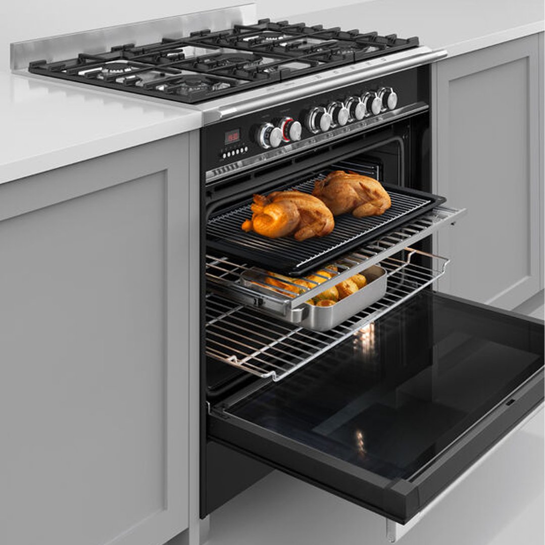 Dual fuel cooker with oven door open, two roasted chickens and potatoes inside