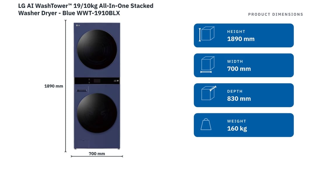 LG AI WashTower™ 19/10kg All-In-One Stacked Washer Dryer - Blue WWT-1910BLX