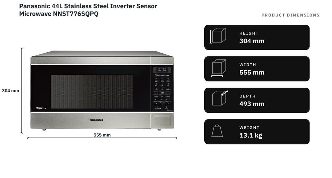 Panasonic 44L Stainless Steel Inverter Sensor Microwave NNST776SQPQ — product dimensions