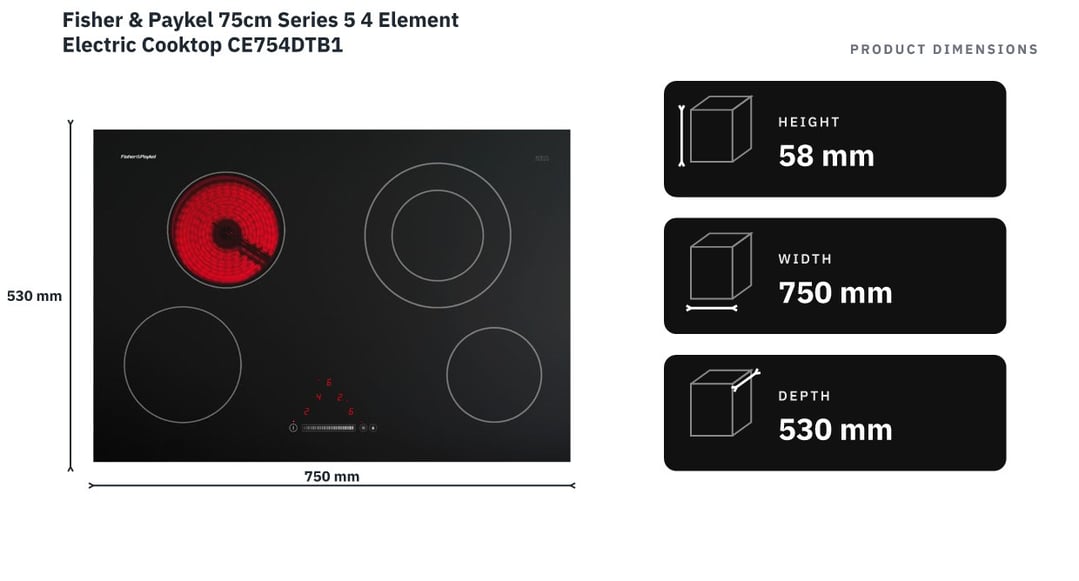 Fisher & Paykel 75cm Series 5 4 Element Electric Cooktop CE754DTB1 — product dimensions
