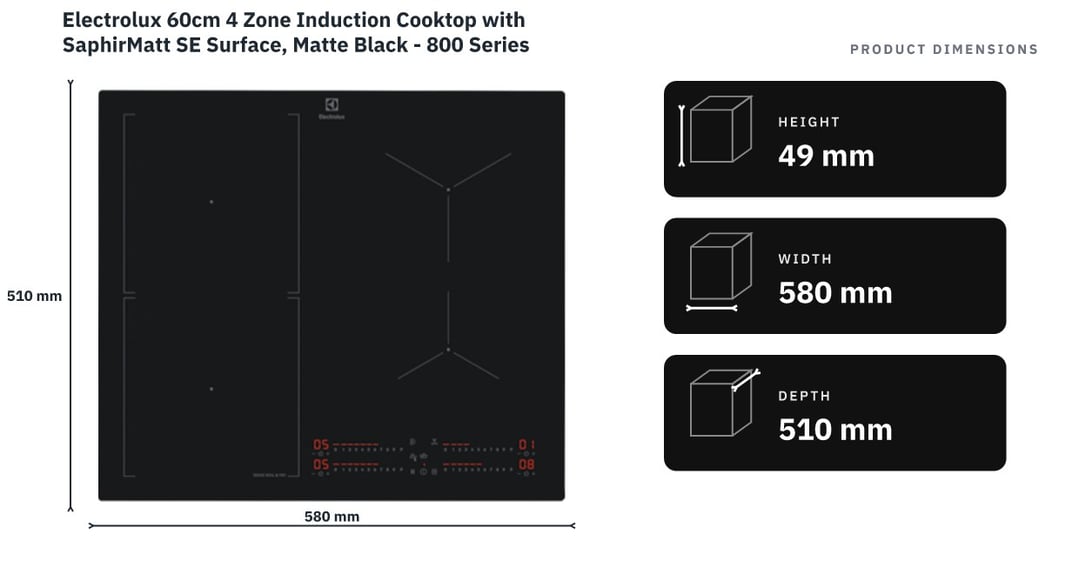 Electrolux 60cm 4 Zone Induction Cooktop with SaphirMatt SE Surface, Matte Black - 800 Series KIS67453IT — product dimensions