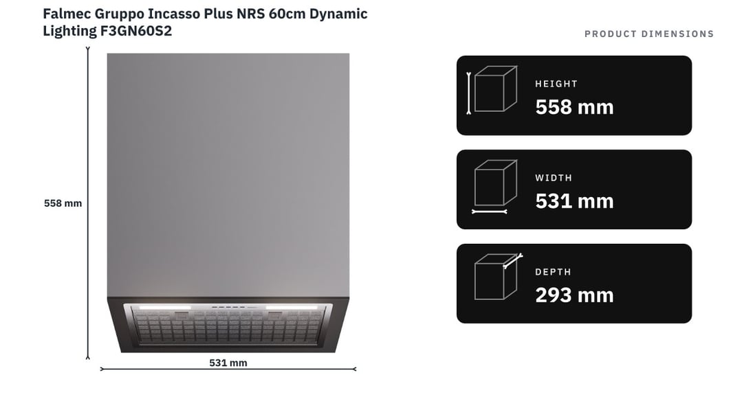 Falmec Gruppo Incasso Plus NRS 60cm Dynamic Lighting F3GN60S2 — product dimensions
