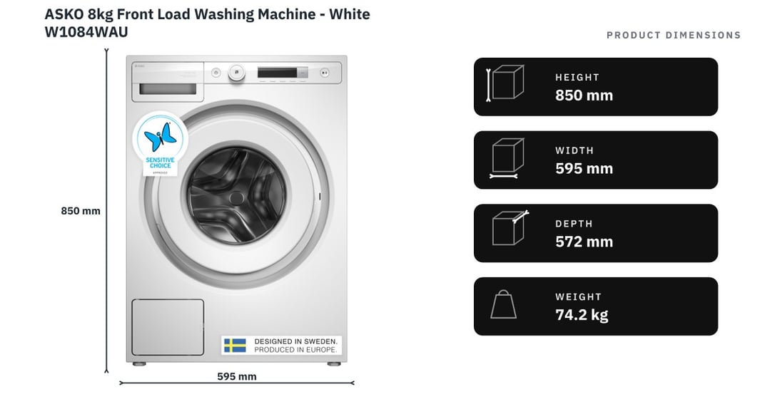 ASKO 8kg Front Load Washing Machine - White W1084WAU — product dimensions