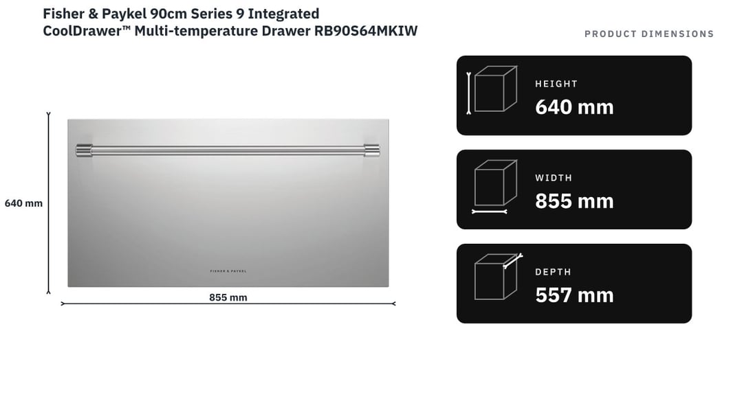 Fisher & Paykel 90cm Series 9 Integrated CoolDrawer™ Multi-temperature Drawer RB90S64MKIW1 — product dimensions