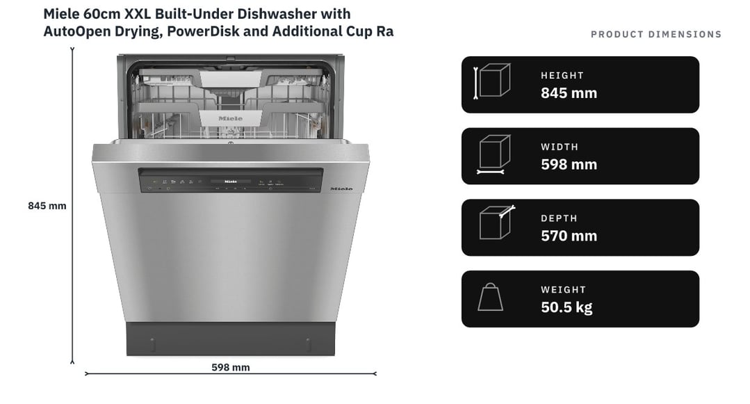 Miele 60cm XXL Built-Under Dishwasher with AutoOpen Drying, PowerDisk and Additional Cup Rack CleanSteel G7609SCUXXLCLST — product dimensions