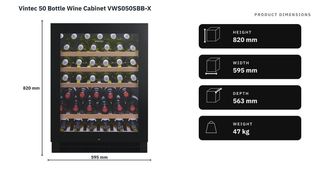 Vintec 50 Bottle Wine Cabinet VWS050SBB-X — product dimensions