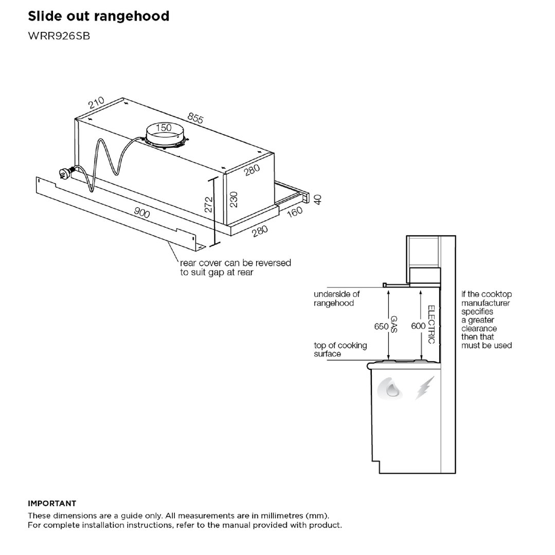 Westinghouse 90cm Slideout Rangehood WRR926SB