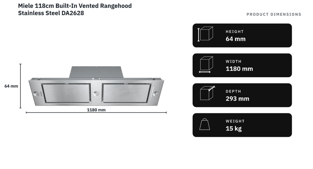 Miele 118cm Built-In Vented Rangehood Stainless Steel DA2628 — product dimensions