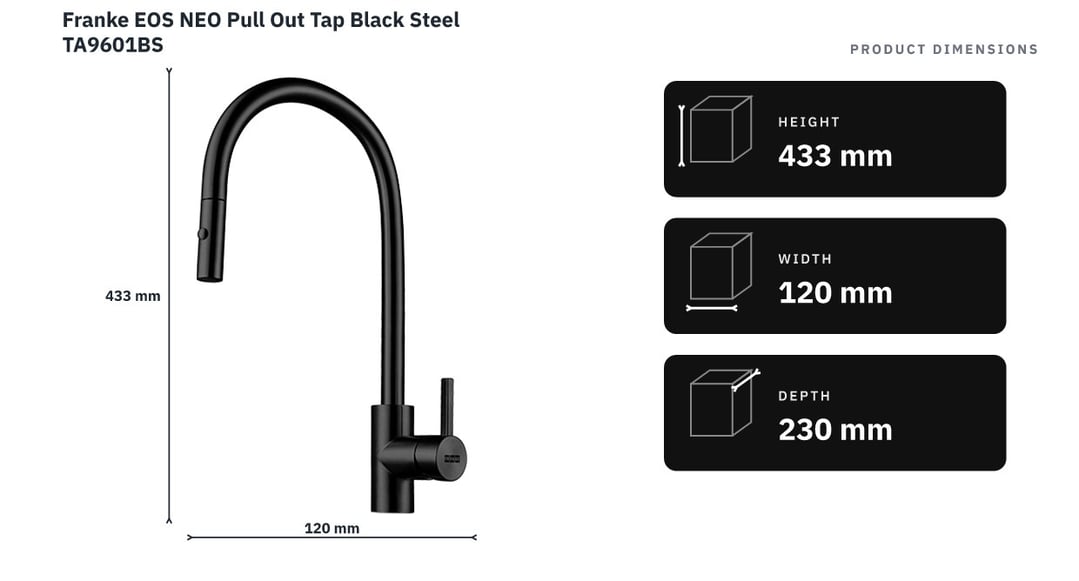 Franke EOS NEO Pull Out Tap Black Steel TA9601BS — product dimensions