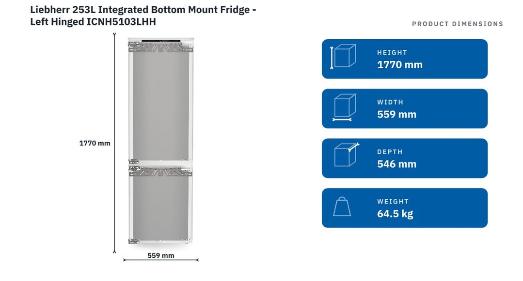 Liebherr 253L Integrated Bottom Mount Fridge - Left Hinged ICNH5103LHH