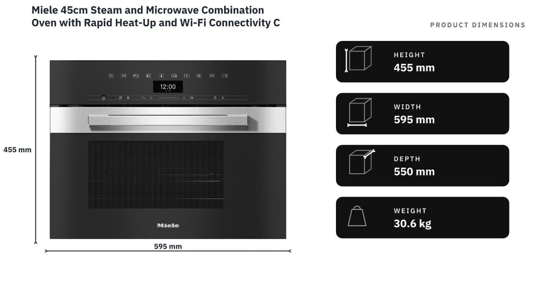 Miele 45cm Steam and Microwave Combination Oven with Rapid Heat-Up and Wi-Fi Connectivity CleanSteel DGM7440 — product dimensions