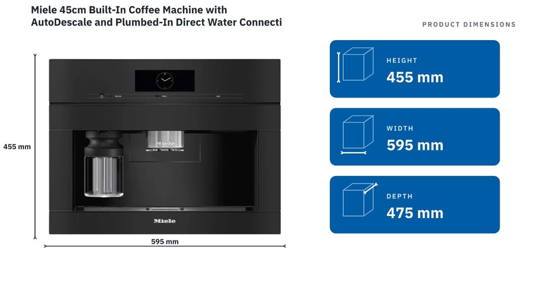 Miele 45cm Built-In Coffee Machine with AutoDescale and Plumbed-In Direct Water Connection Obsidian Black CVA7845OBSW — product dimensions