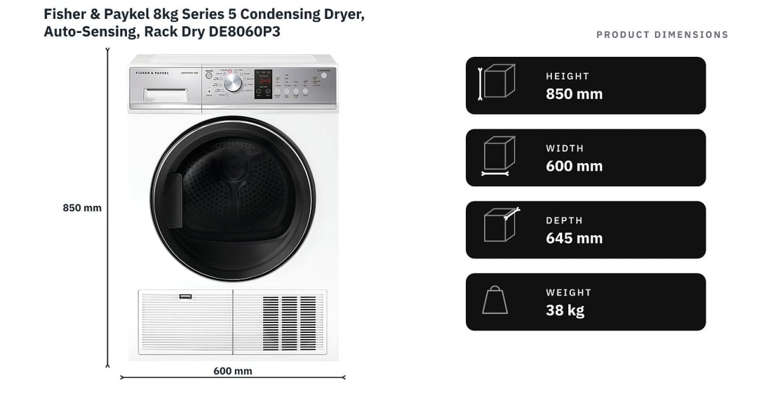 Fisher & Paykel 8kg Series 5 Condensing Dryer, Auto-Sensing, Rack Dry DE8060P3 — product dimensions