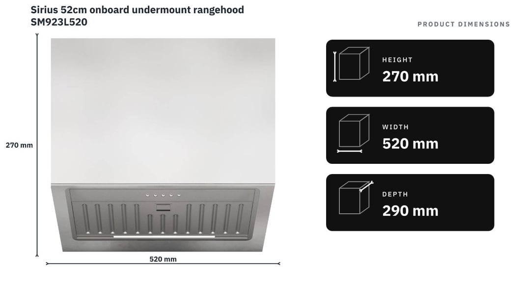 Sirius 52cm onboard undermount rangehood SM923L520 — product dimensions