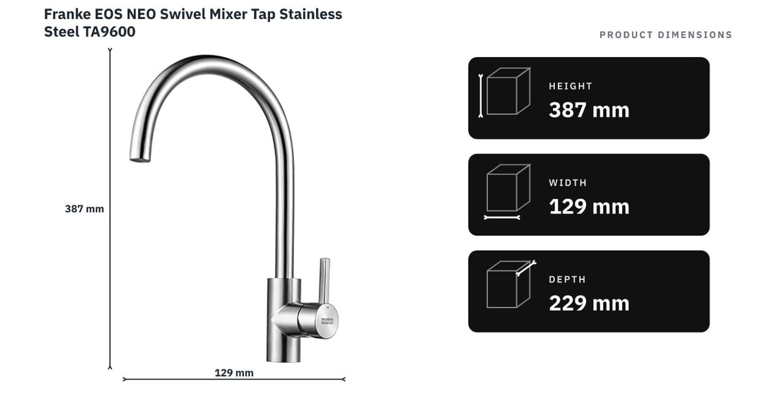 Franke EOS NEO Swivel Mixer Tap Stainless Steel TA9600 — product dimensions