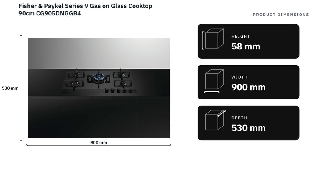 Fisher & Paykel Series 9 Gas on Glass Cooktop 90cm CG905DNGGB4 — product dimensions