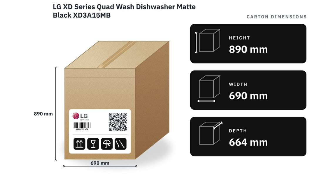 LG XD Series Quad Wash Dishwasher Matte Black XD3A15MB — packaged dimensions