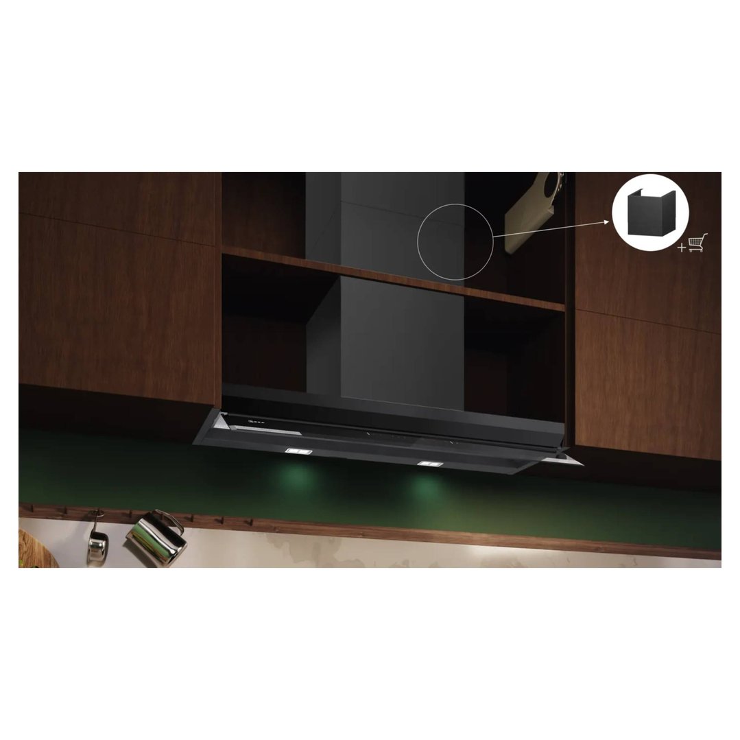 Black integrated rangehood with lights in a kitchen with dark wood cabinets