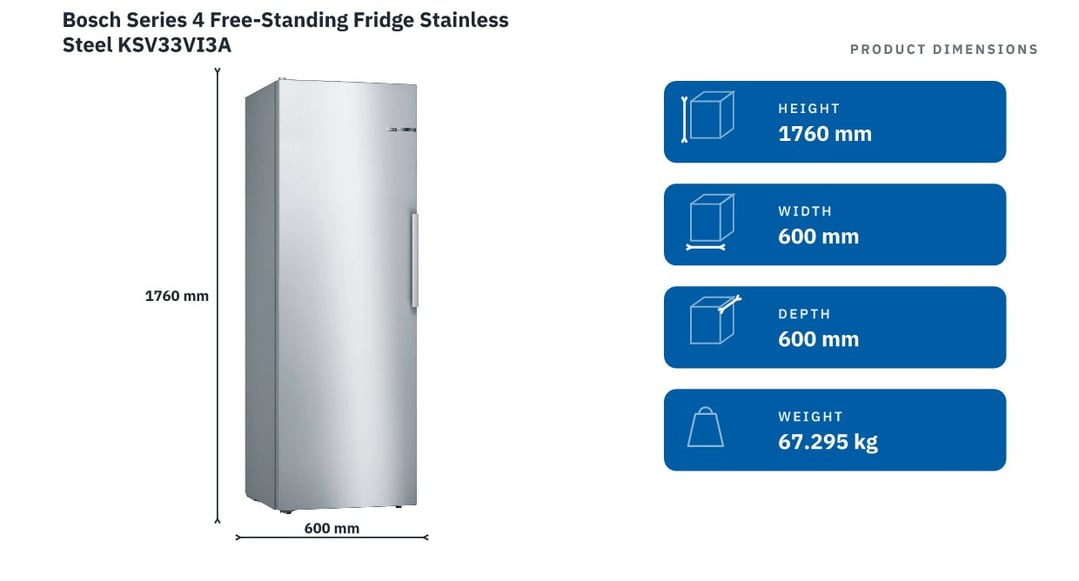 Bosch Series 4 Free-Standing Fridge Stainless Steel KSV33VI3A — product dimensions